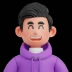 A smiling cartoon man in a purple hoodie